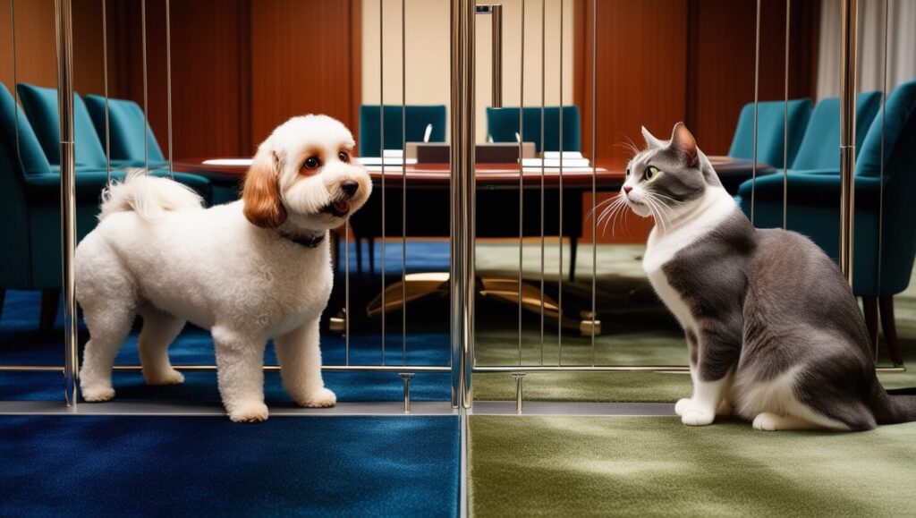 Ambiente preparado para introdução segura de cachorro e gato, com portão separando os