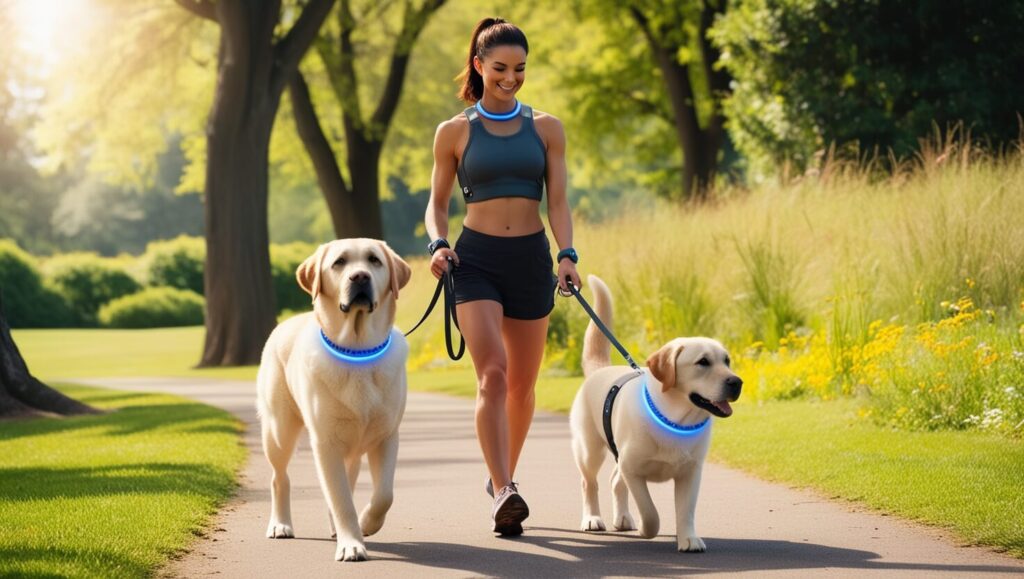 Cachorro Labrador usando uma coleira inteligente, caminhando calmamente ao lado de seu dono em um parque, ilustrando a tecnologia avançada no adestramento de cães