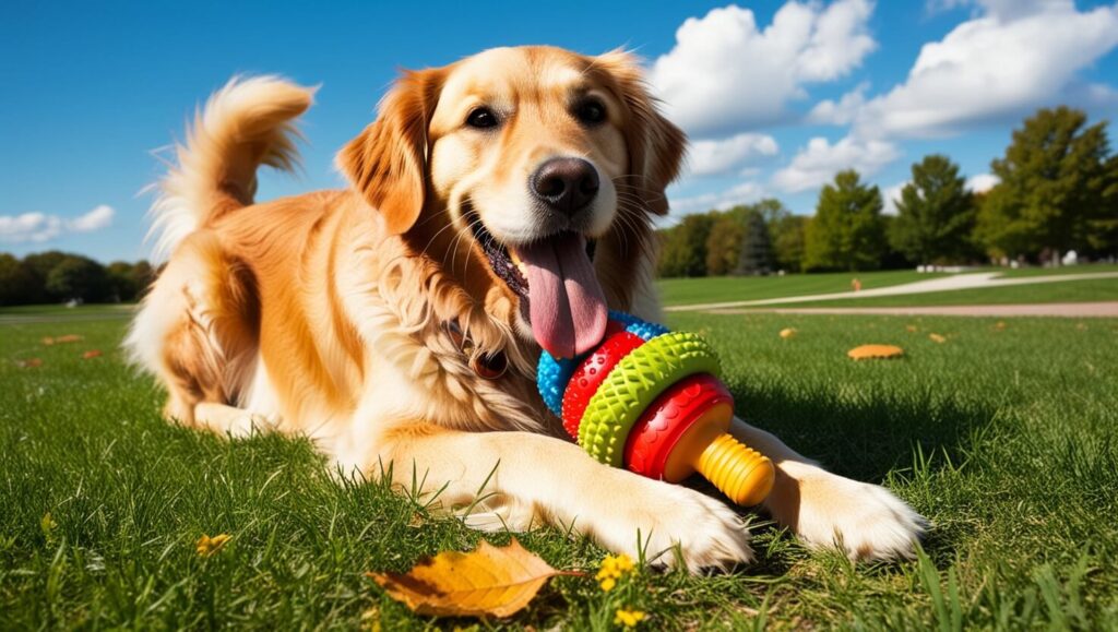 Cachorro brincando com um brinquedo de borracha em um parque, com grama verde ao fundo