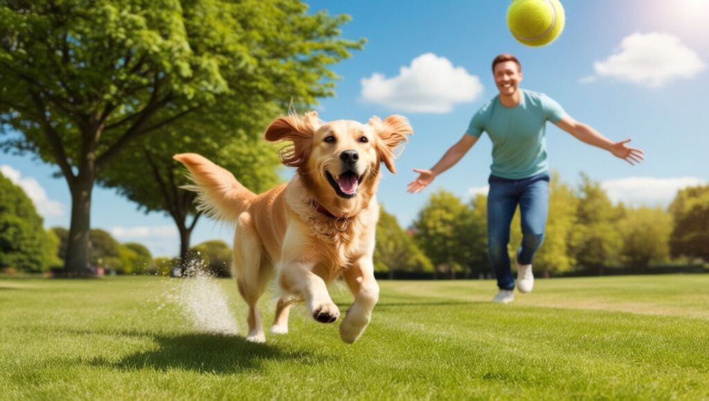 Cachorro brincando de pegar a bola com seu dono em um parque, ambos felizes