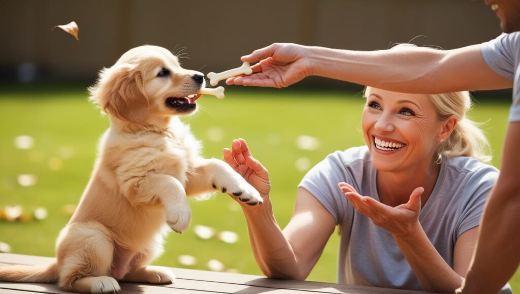 Cachorro recebendo um petisco de seu dono após realizar um truque