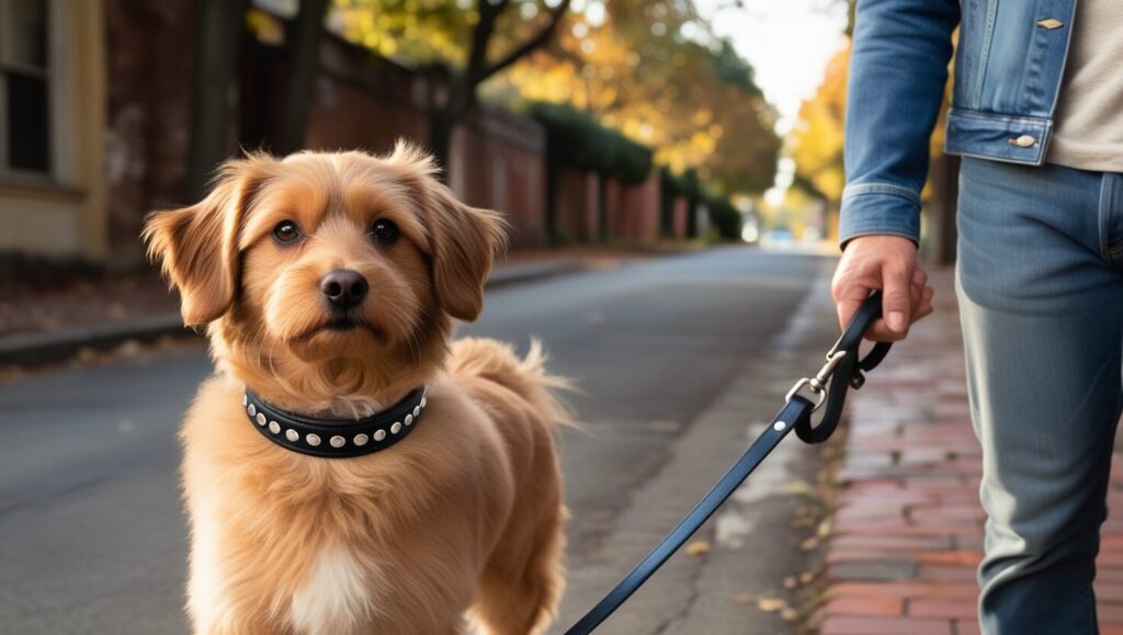 Cachorro usando uma coleira de cabeça, caminhando calmamente ao lado do dono, representando o controle no adestramento