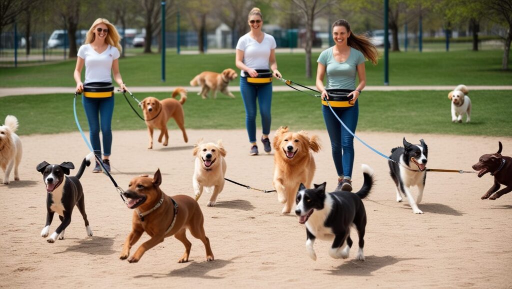 Cachorros brincando em um parque usando guias retráteis, com seus donos ao fundo