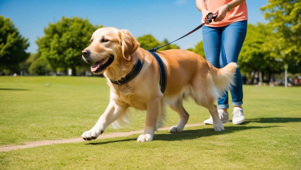 Cão Golden Retriever em um parque com guia retrátil, explorando enquanto o dono segura a guia