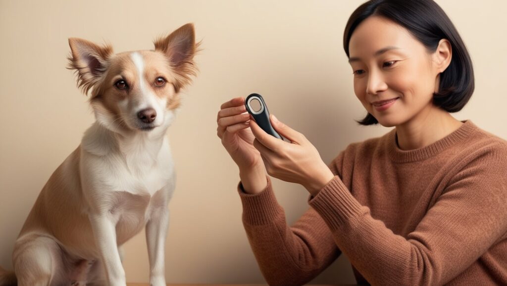 Cão ansioso sendo reforçado positivamente com clicker e petisco, promovendo confiança e segurança