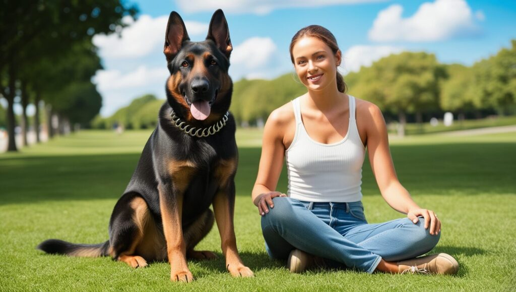 Cão de grande porte usando uma coleira de pinos, sentado obedientemente ao lado do dono durante um treino em um parque