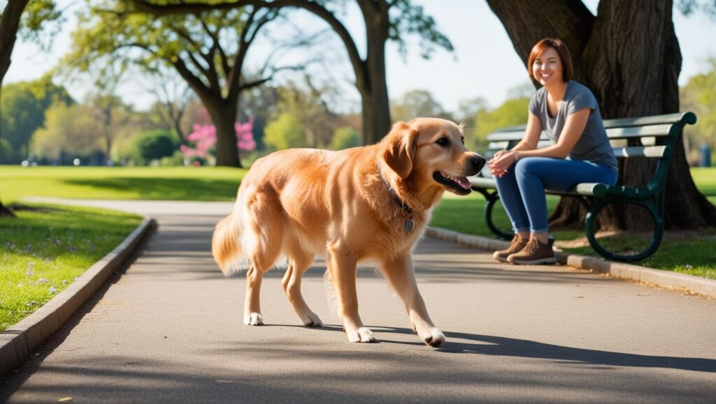 Cão explorando um parque vazio com curiosidade, representando a introdução gradual a novos ambientes no adestramento de cães ansiosos