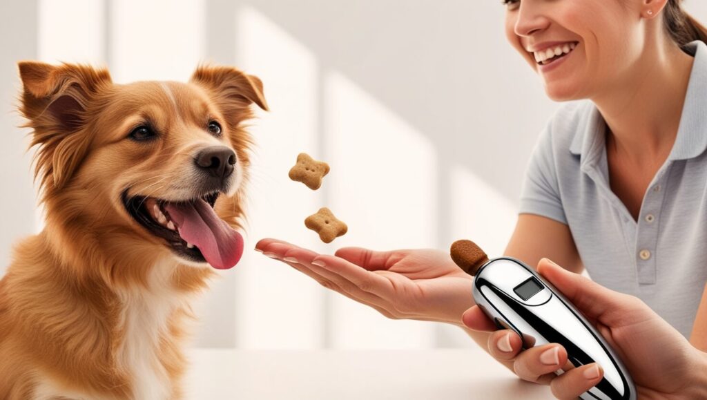 Cão recebendo petisco após o uso do clicker, representando o reforço positivo no adestramento