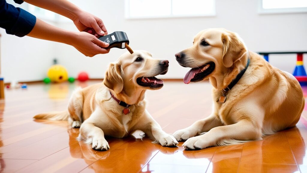 Cãozinho recebendo um click do clicker e um petisco como recompensa durante o adestramento