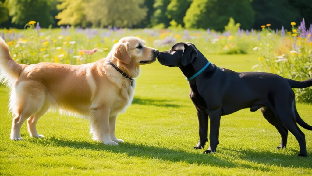 Dois cães se observando calmamente em um parque, mostrando sinais de conforto