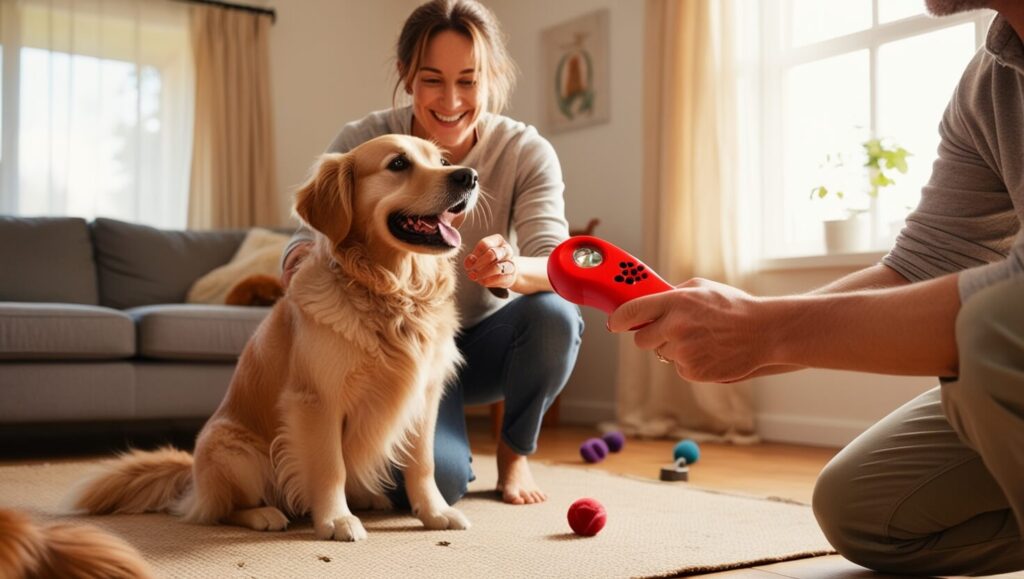 Dono treinando o cachorro com o comando 'senta' usando o clicker