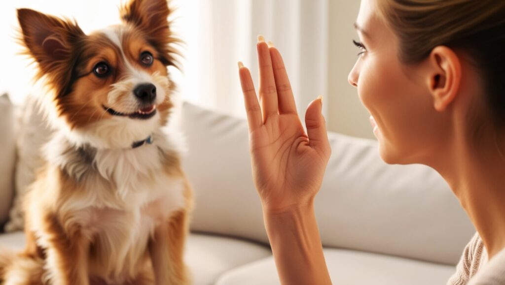 Mão fazendo gesto de comando 'senta' para um cachorro, destacando o uso de sinais no adestramento de cães surdos