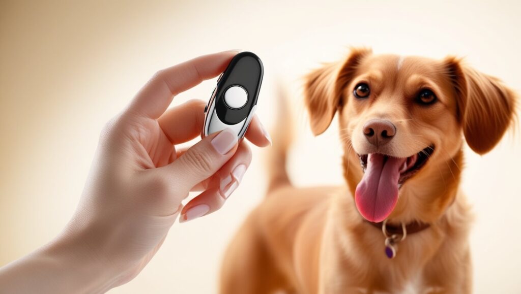 Mão segurando um clicker com um cachorro ao fundo esperando um petisco, mostrando o uso do clicker no adestramento