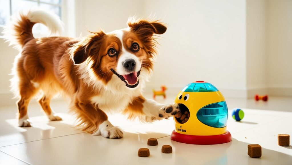 Um cachorro brincando com um brinquedo interativo que libera petiscos, demonstrando interesse e foco