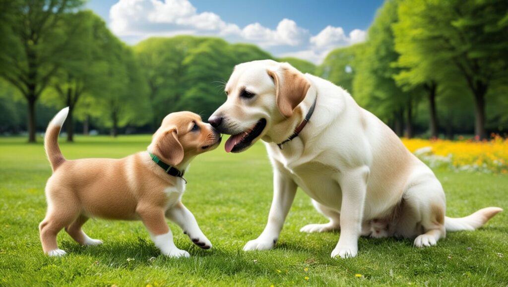 Um filhote encontrando um outro cachorro amigável em um parque, ambos brincando de forma amistosa