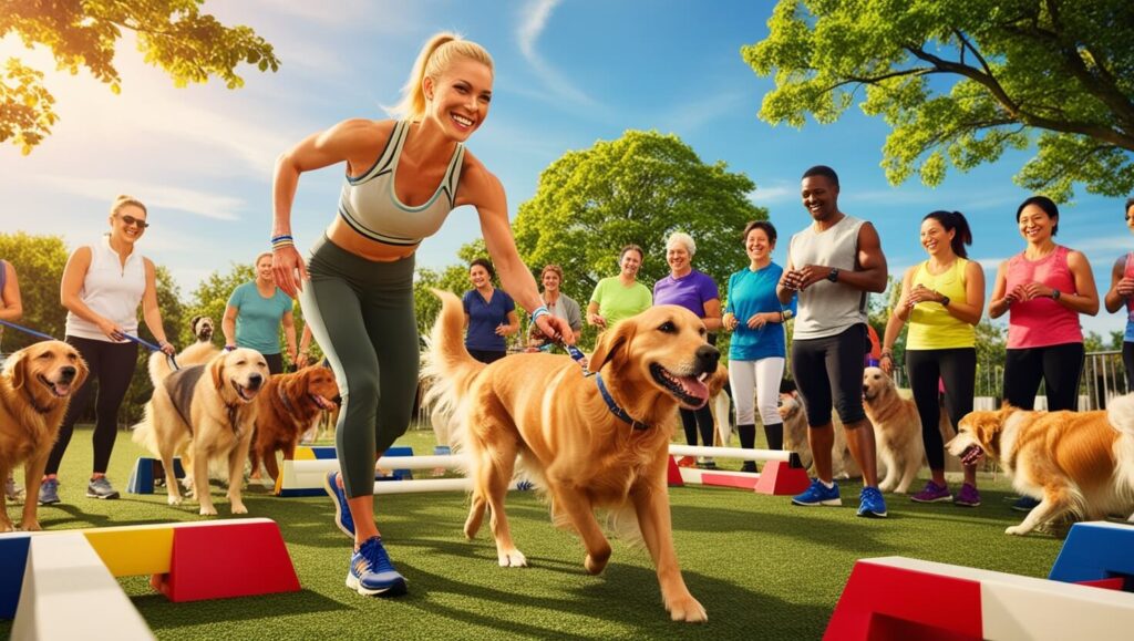 Adestrador guiando um grupo de tutores e cães em um parque, com um cão sentado seguindo comandos