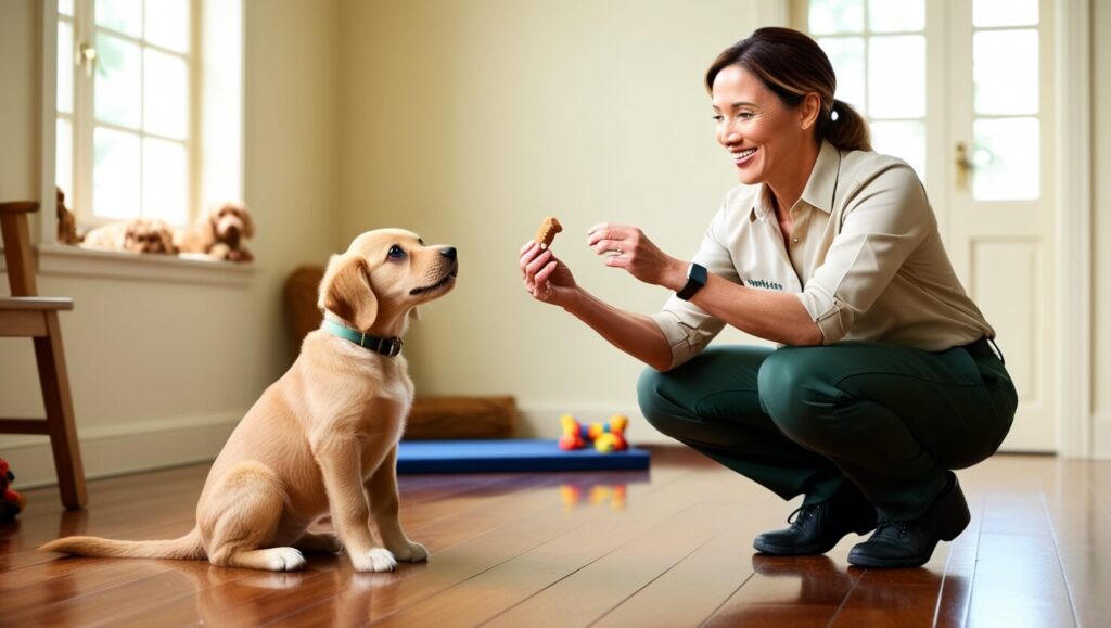 Adestrador interagindo de maneira calma com um cachorro, reforçando comportamentos positivos