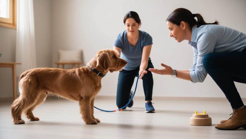 Ambiente calmo com cão concentrado em seu treinador, cenário ideal para o início do adestramento avançado