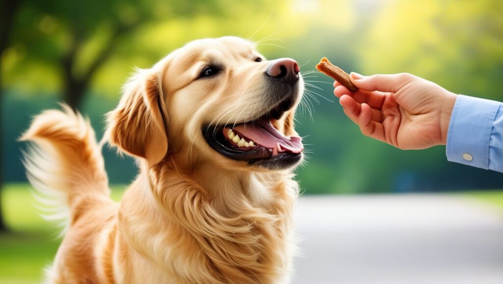 Cachorro alegre recebendo um petisco após realizar um comando, com fundo desfocado de parque