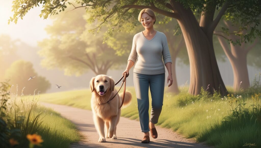 Cachorro andando ao lado do tutor de forma calma, em um ambiente externo tranquilo, destacando a harmonia entre eles