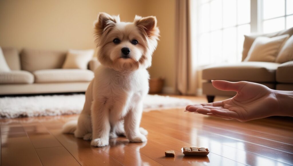 Cachorro curioso cheirando a mão fechada do tutor com petisco durante o treino do comando deixa