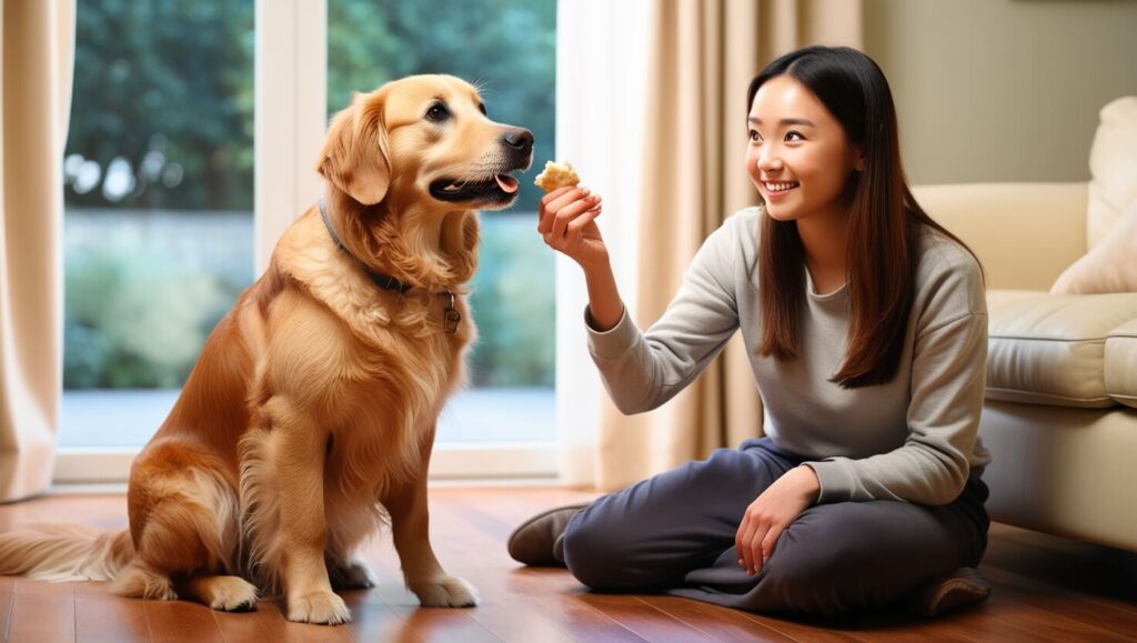 Cachorro de porte médio aprendendo o comando senta com seu tutor