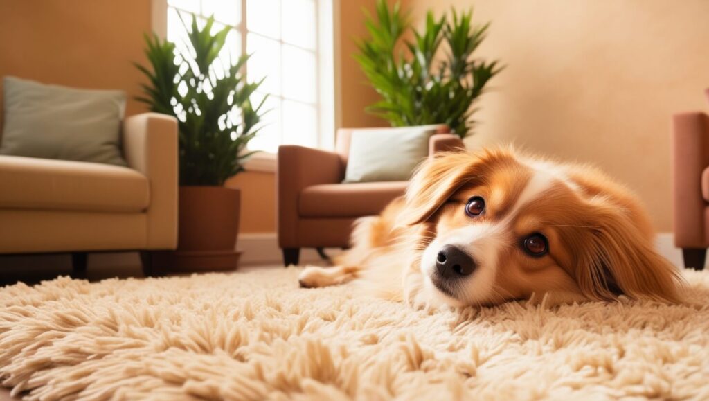 Cachorro deitado com expressão curiosa, observando seu dono com carinho em ambiente acolhedor