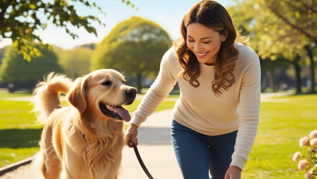 Cachorro e tutor caminhando lado a lado em um parque, ambos com expressões felizes, aproveitando um passeio agradável sem puxar a guia