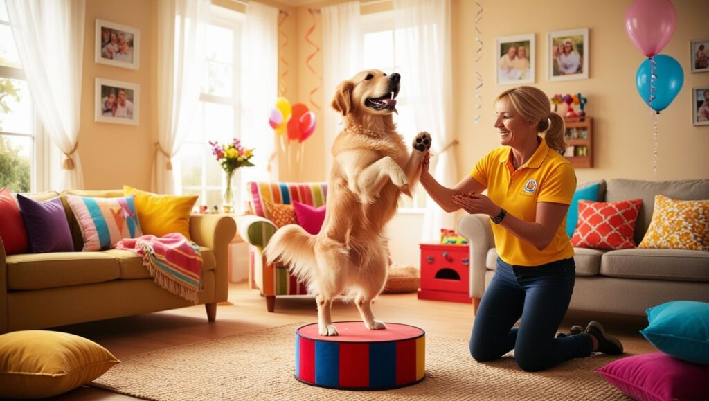 Cachorro fazendo truque de circo em casa com o treinador ao lado, transmitindo alegria