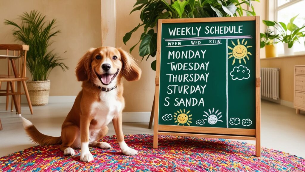 Cachorro feliz ao lado de uma lousa com um cronograma semanal escrito, em um ambiente colorido