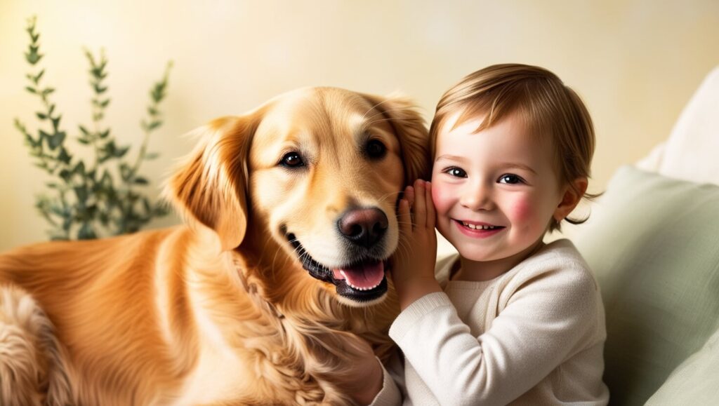 Cachorro interagindo com uma criança, mostrando um momento de confiança e amizade