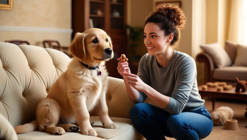 Cachorro jovem e tutor treinando juntos em uma sala aconchegante