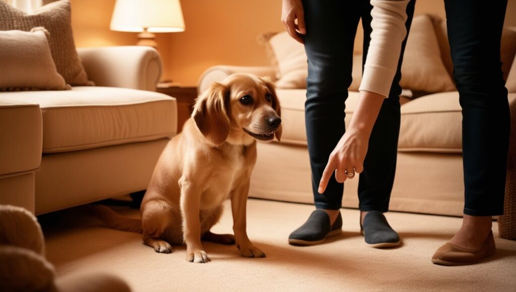 Cachorro observando atentamente uma pessoa que aponta para o chão com a mão, em um ambiente interno aconchegante