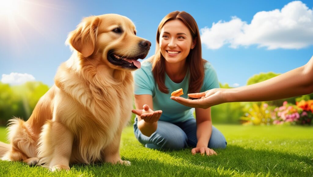 Cachorro sendo adestrado ao ar livre, recebendo petisco