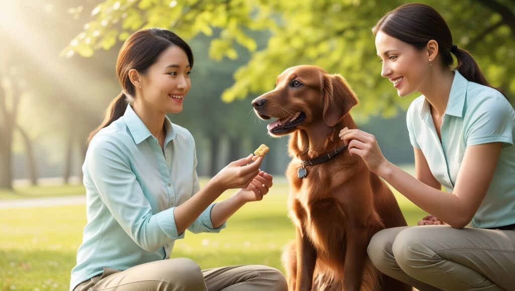 Cachorro sentado ao lado do tutor, recebendo um petisco em recompensa ao bom comportamento em ambiente tranquilo