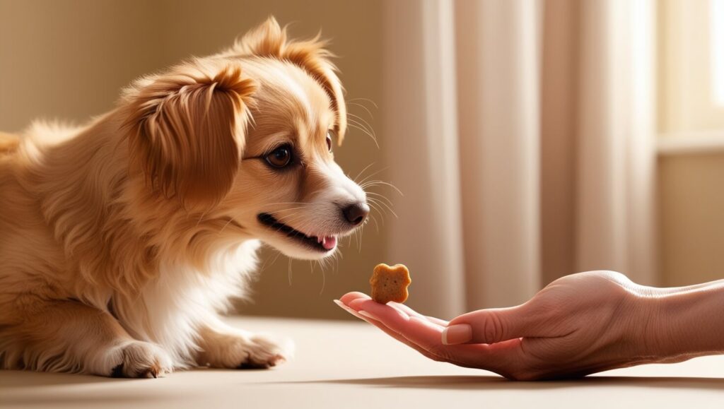 Cachorro sentado pacientemente ao lado de um petisco, esperando o comando do tutor para pegar