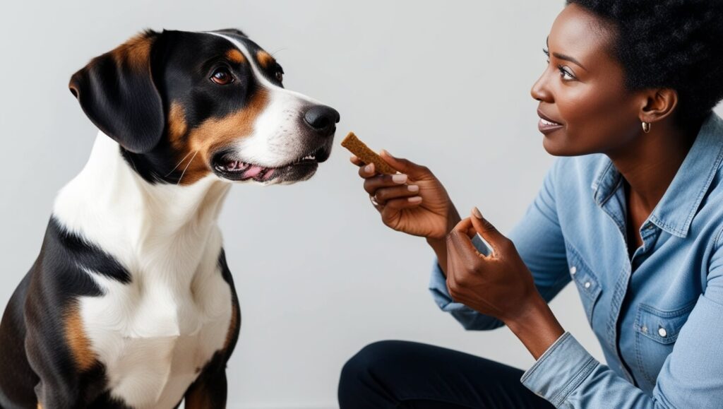 Cão atento ao lado do dono que segura um petisco, ilustrando o treinamento avançado com conexão entre pet e tutor