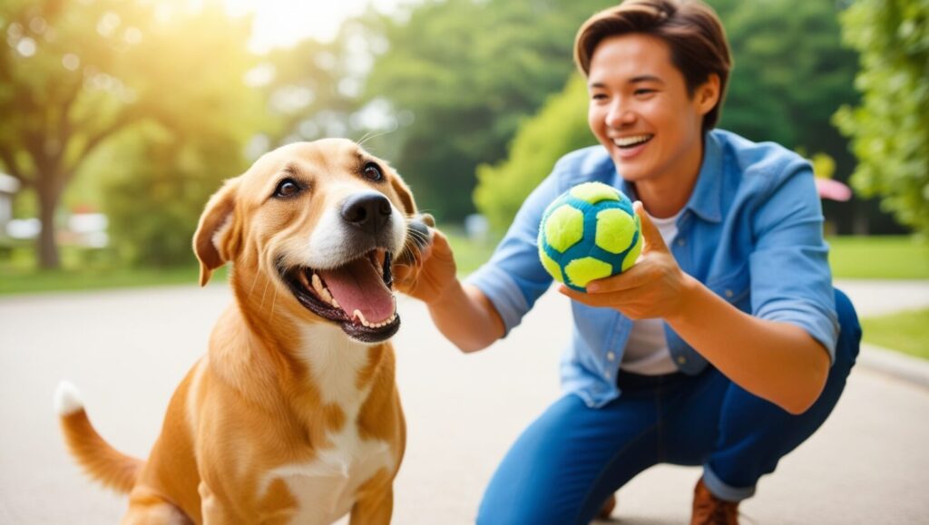 Cão brincando com o dono ao ar livre, demonstrando o vínculo criado com o adestramento