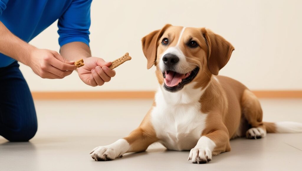 Cão deitado, atento ao dono que segura um petisco, representando o início do treinamento avançado