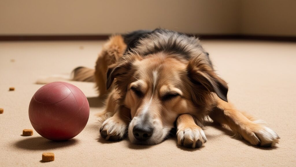 Cão deitado e cansado após longo treino, ilustrando o excesso de treinamento