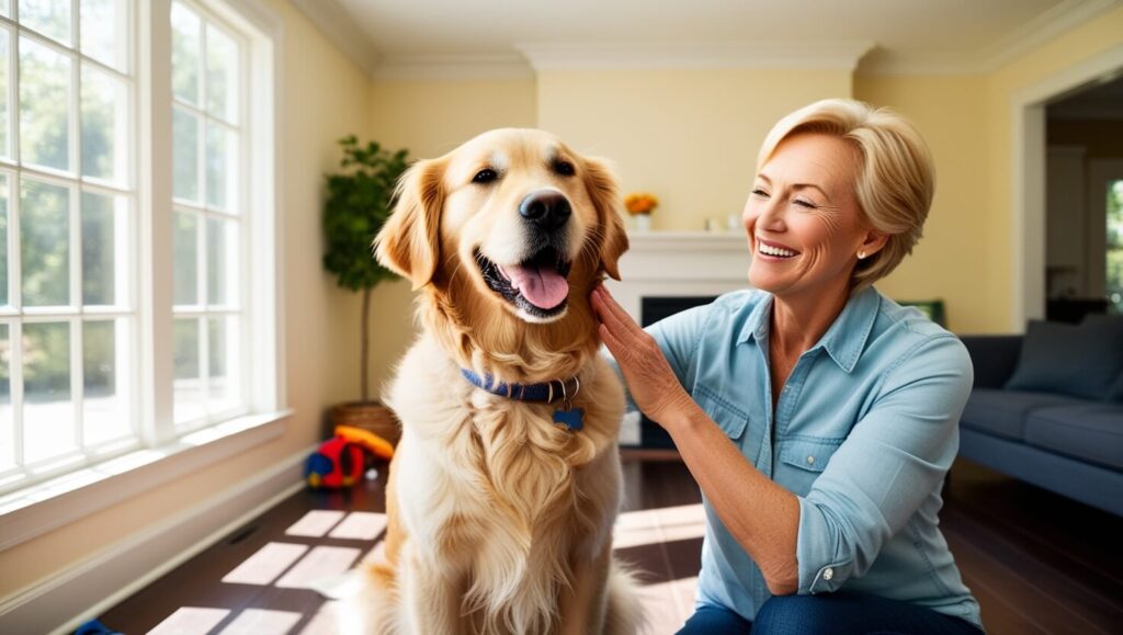 Cão recebendo carinho e petisco do dono após realizar truque com sucesso