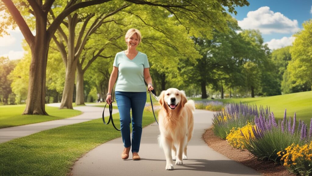 Cão tranquilo passeando ao lado do tutor em um parque, aproveitando o dia