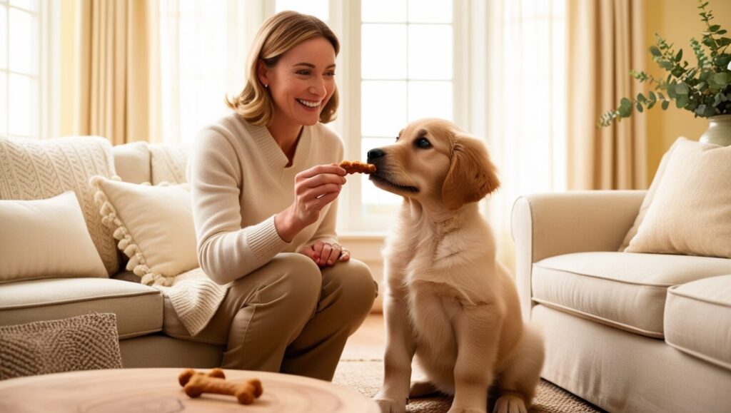 Cenário doméstico com cachorro aprendendo a sentar enquanto tutor sorri e oferece um petisco