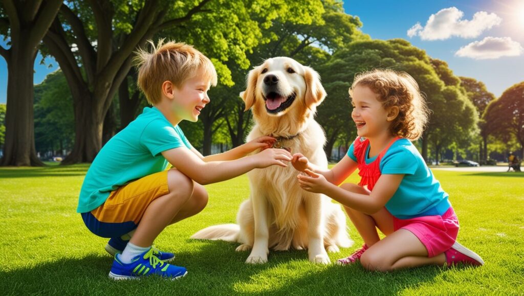 Crianças ensinando cachorro a sentar em um parque ensolarado