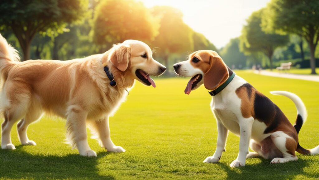 Dois cães se conhecendo em um parque, demonstrando comportamento amigável e curioso