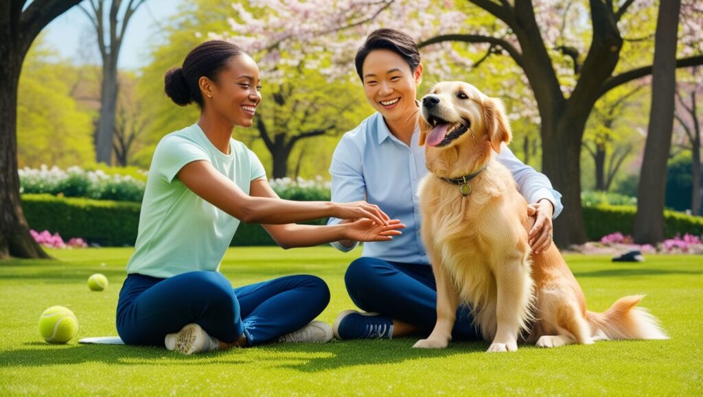 Dono alegre com seu cachorro em uma sessão de treinamento no parque, transmitindo vínculo e felicidade