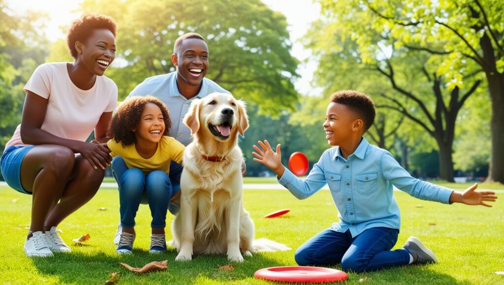 Família brincando no parque com seu cachorro bem adestrado, demonstrando laços fortes e confiança