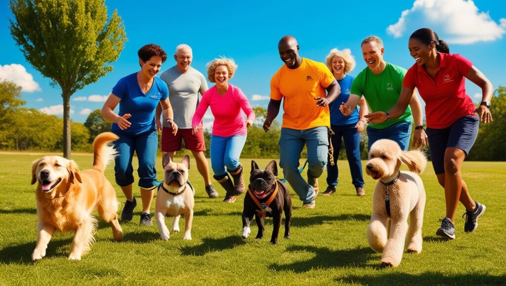 Grupo de cães de diferentes raças com seus tutores em um campo aberto participando de uma aula de adestramento