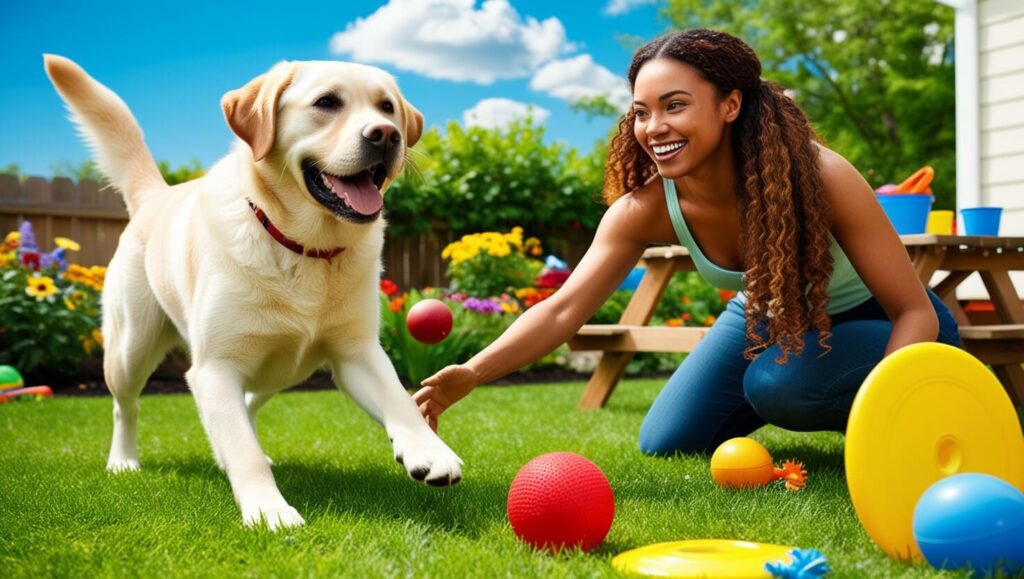 Labrador brincando com tutor após o treinamento