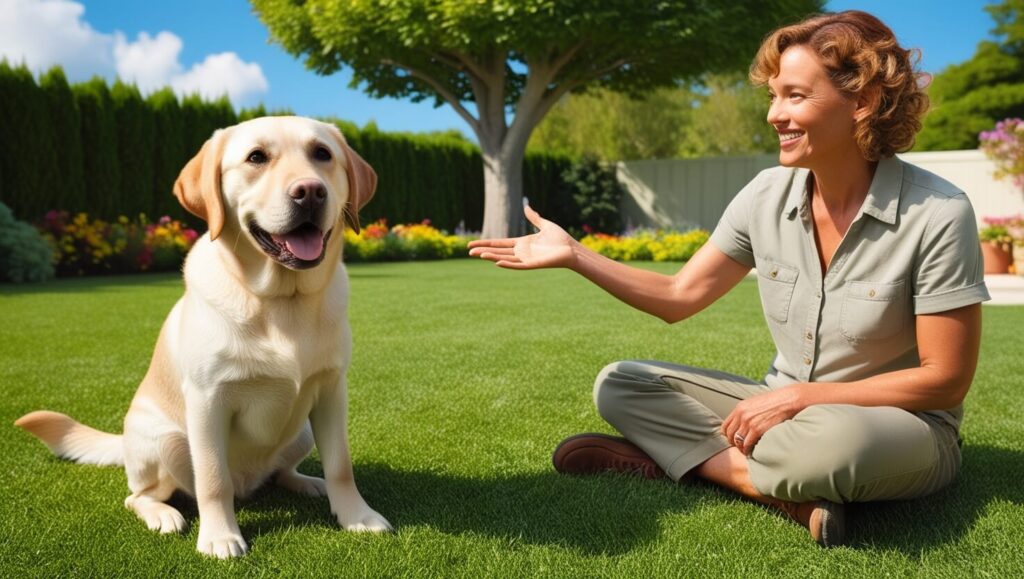 Labrador curioso sentado enquanto seu tutor faz gestos de comando, em um quintal com vegetação ao fundo